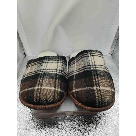 Men's Dearfoams Black And Cream Plaid Faux Fur Trim Size Medium (9-10) Slippers - Picture 7 of 7